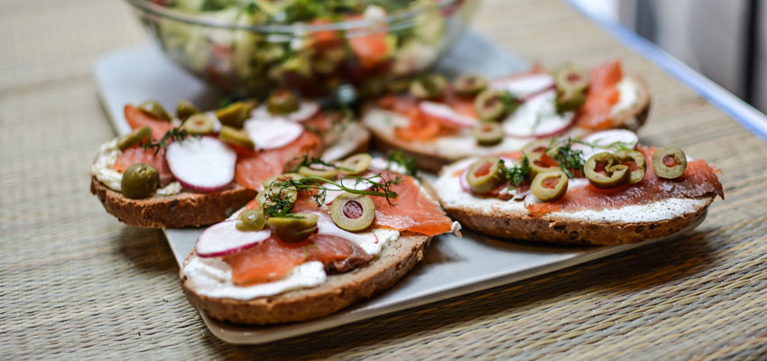 Bread with olives Salmon horseradish